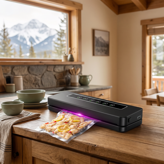 Fully Automatic USB Vacuum Sealing Machine staged in a cozy mountain cabin kitchen with snow-capped mountain view