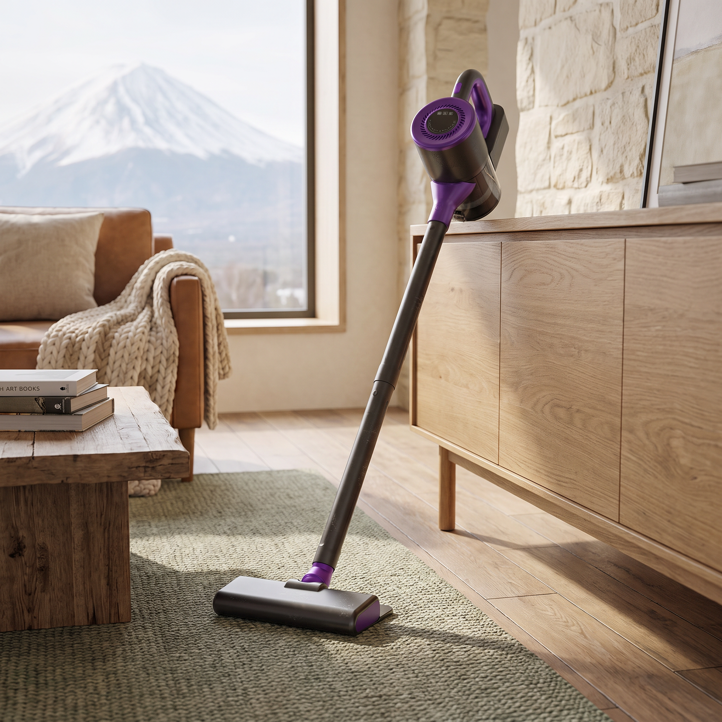 4-in-1 Cordless Stick Vacuum staged in a mountain cabin living room with a snow-capped mountain view