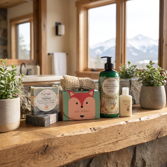 Vetiver Natural Skincare Gift Bundle lifestyle photo in a mountain cabin bathroom