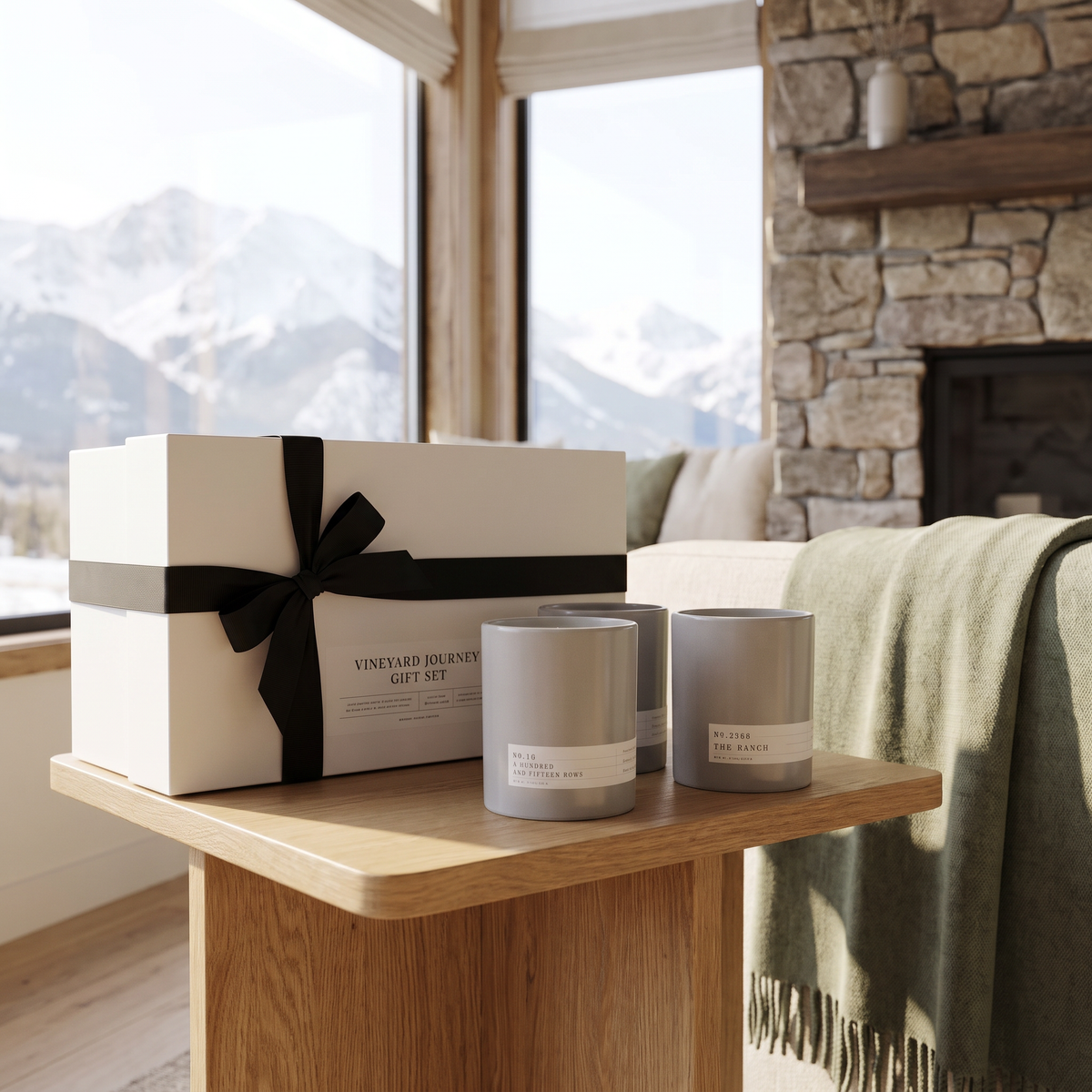 Vineyard Journey Gift Set staged in a mountain cabin living room with snow-capped mountain view