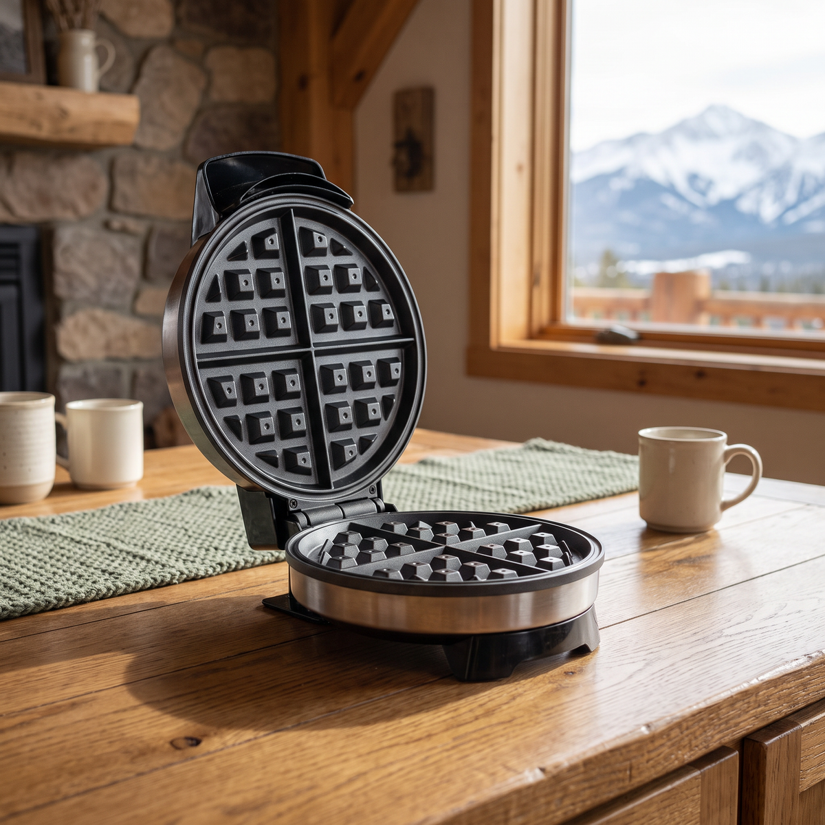 Nonstick Belgian waffle maker staged in a cozy mountain cabin kitchen with snow-capped mountains visible through the window