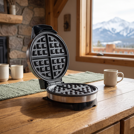 Nonstick Belgian waffle maker staged in a cozy mountain cabin kitchen with snow-capped mountains visible through the window