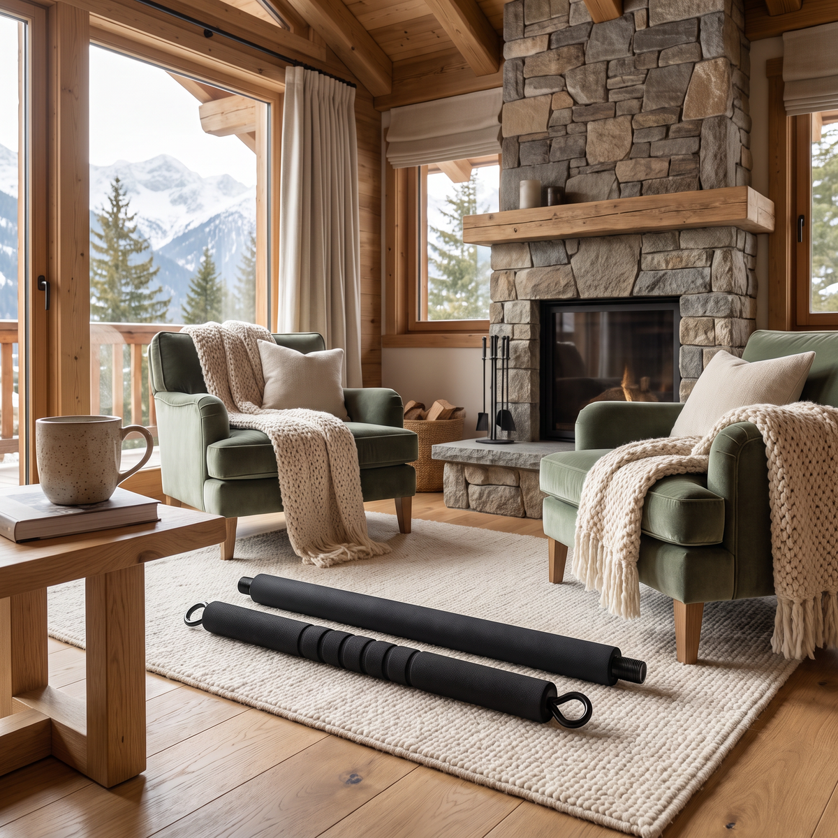 Weighted Pilates Bar - lifestyle photo in mountain cabin setting