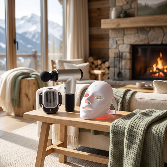 Wellness Recovery Bundle staged near a fireplace lounge with mountain view
