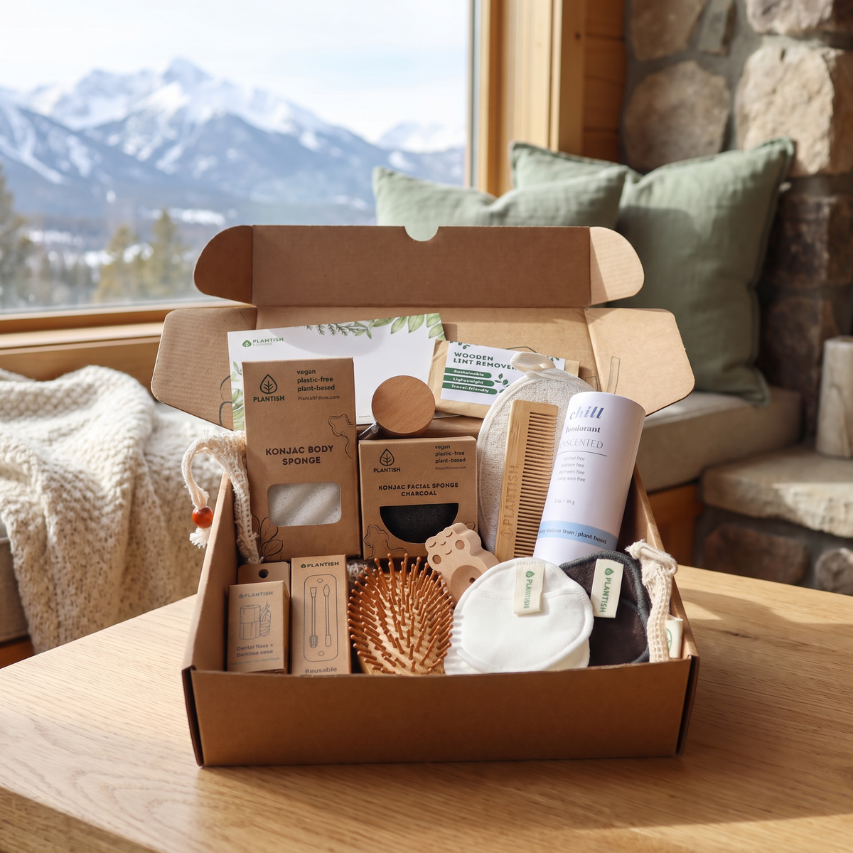 Wholistic Care Serenity Gift Set lifestyle photo in a mountain cabin living room