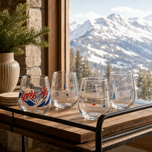 Alpine Stemless Wine Glasses staged in a mountain cabin with a mountain view