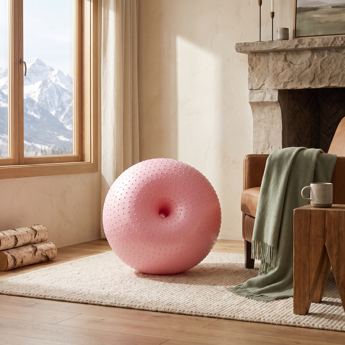 Yoga Balance Ball for Fitness & Pilates - lifestyle photo in mountain cabin setting