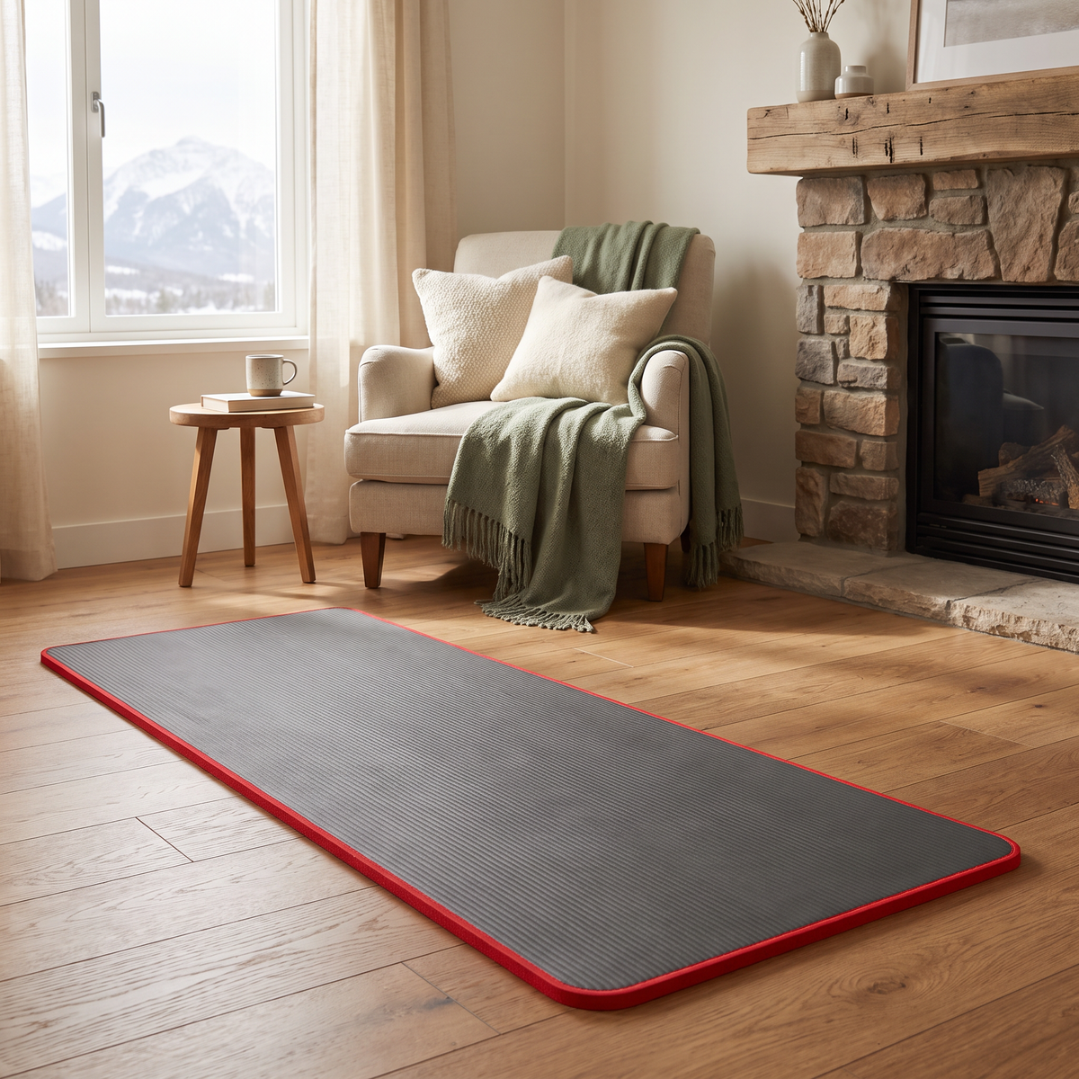 Thick yoga mat rolled out in a mountain cabin living room with a fireplace and mountain view