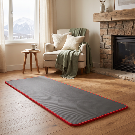 Thick yoga mat rolled out in a mountain cabin living room with a fireplace and mountain view